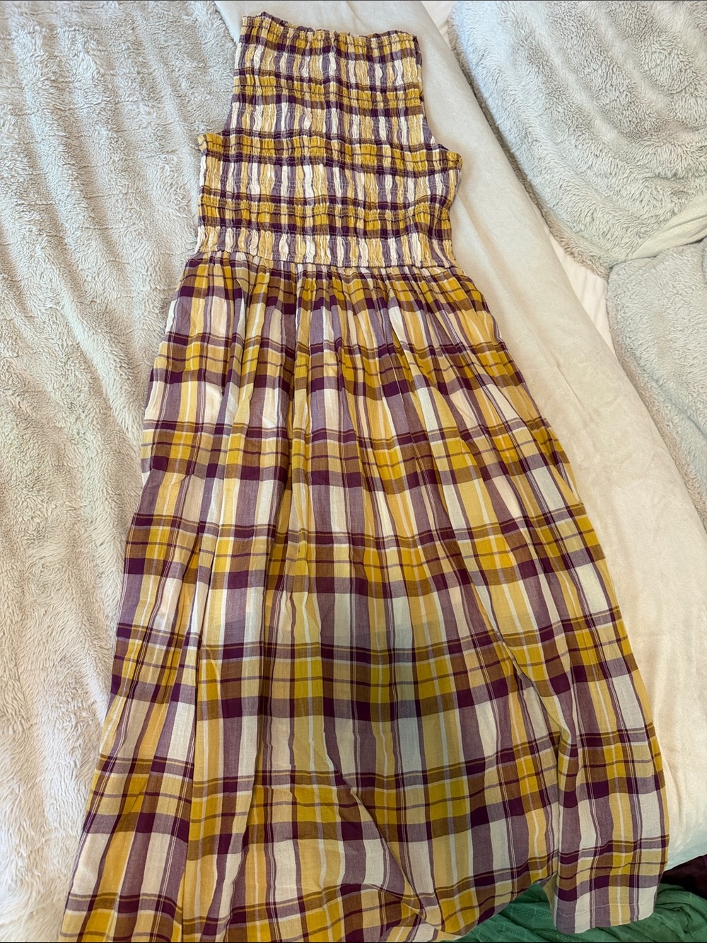Madewell Yellow and Purple Plaid Smocked Maxi Dress